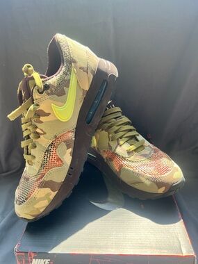 Nike Men's Camo Athletic Sneakers in Olive Green with Neon Swoosh
